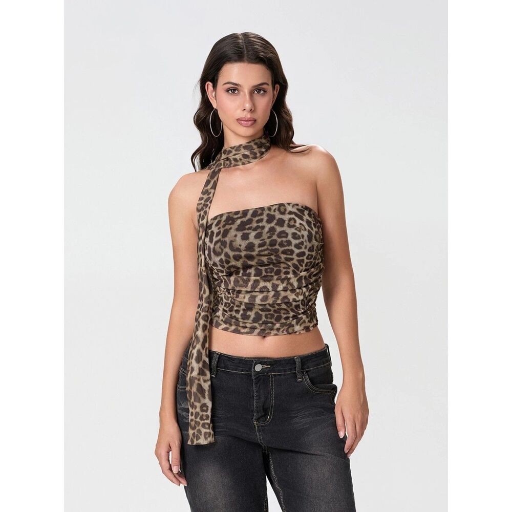 Womens Y2K Preppy Leopard Boho  Halter Crop Top